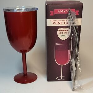 NIB Stemmed Stainless Steel Wine Glass, Double-Wall Insulated, Lidded 10 oz NEW